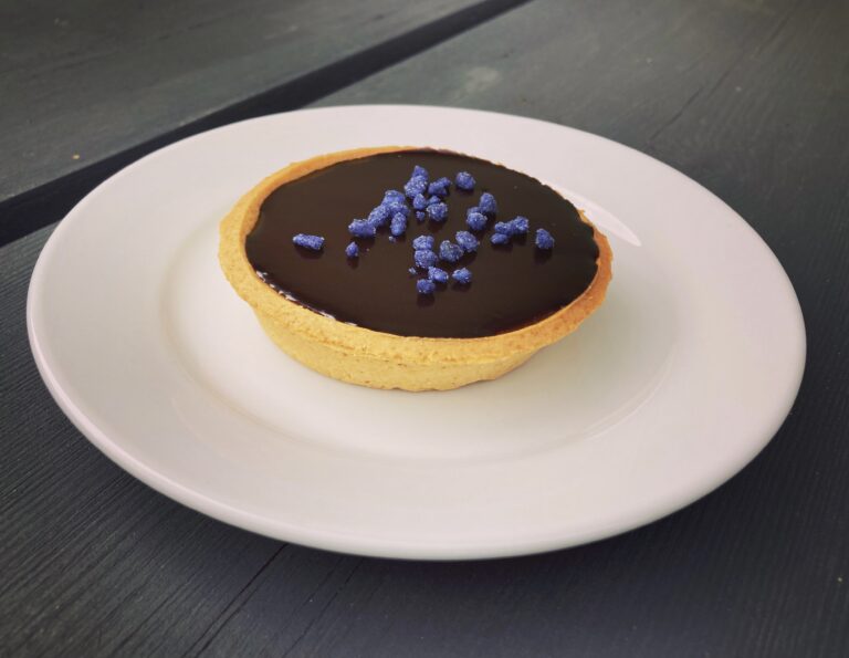 Chocolate & Salted Caramel Tart with Crystalised Violet