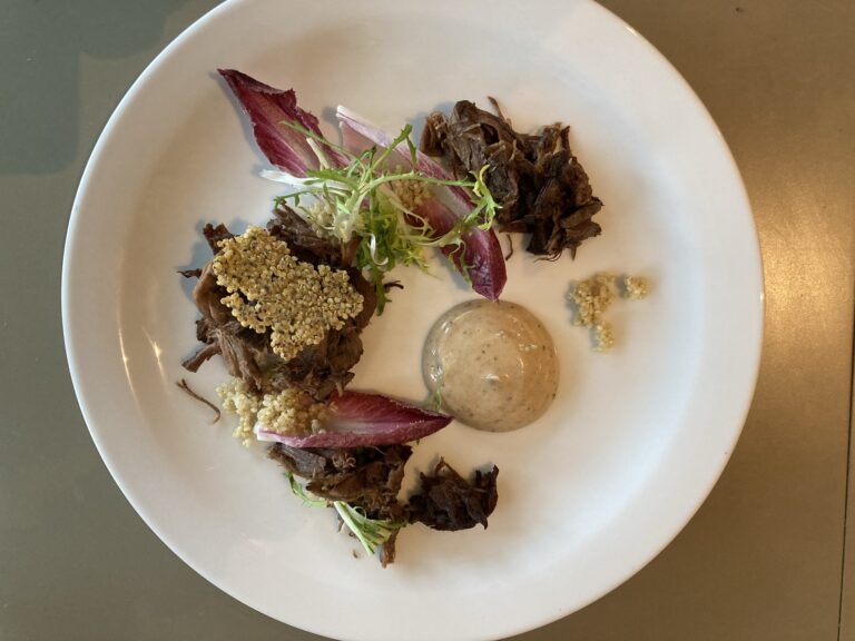 Sticky beef with quinoa cracker & black garlic mayo