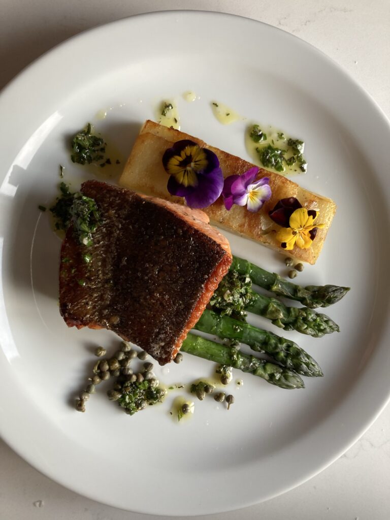 Sea trout, asparagus & bergamot salmoriglio