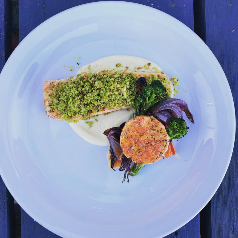 Roasted salmon, blood orange butter